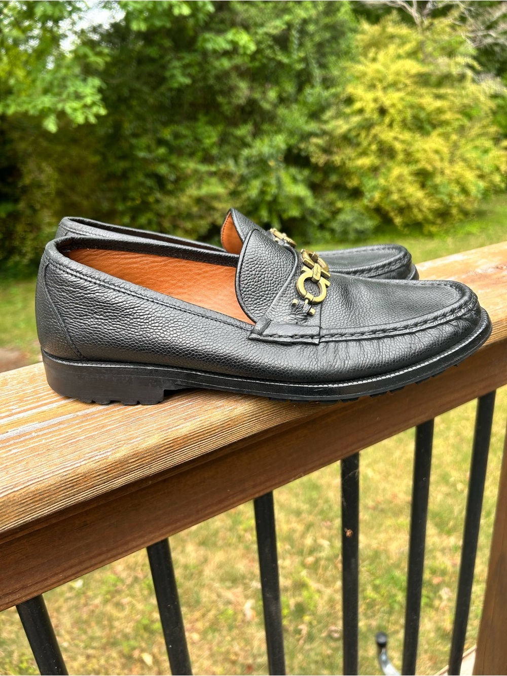 Ferragamo Gancini Bit Loafers Black Pebbled Leather 8.5